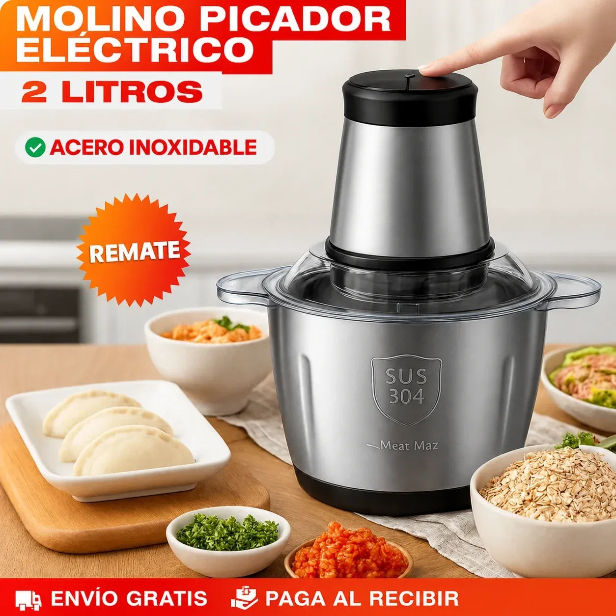 PROMO 🔥 Molino Picatodo Eléctrico 2L de Acero Inoxidable
